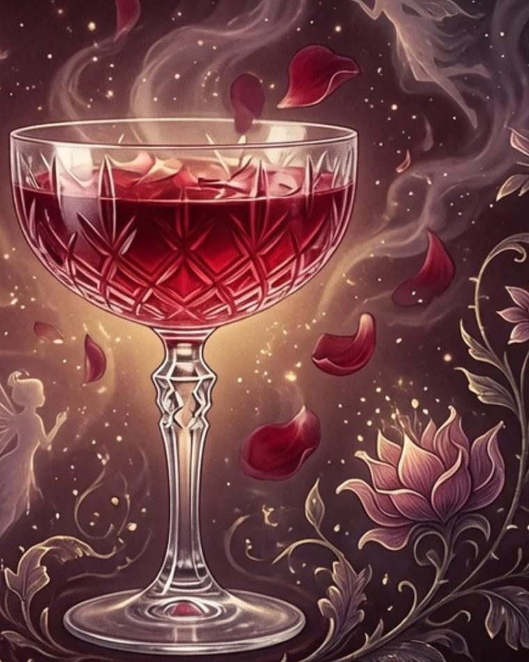 Taça de Faery Queen bordô ao lado da garrafa de Faery Tale